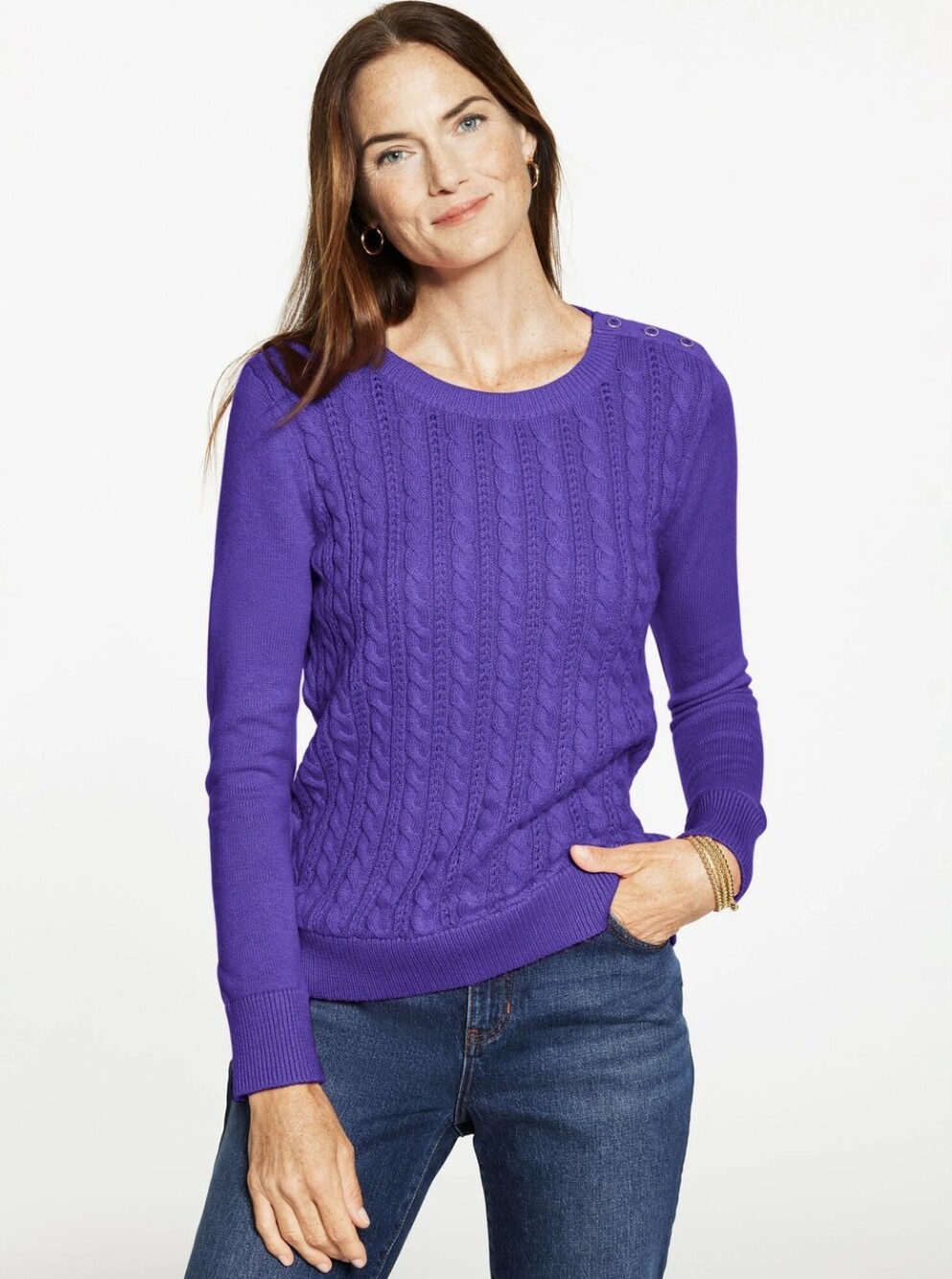 Talbots Womens Cable Knit Crewneck Sweater Brilliant Purple Quiet Luxury Prep XL